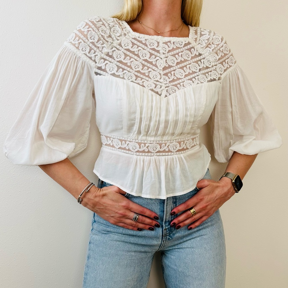 Free People romantic peasant boho blouse top embroidered lace mesh detailing - Picture 2 of 10